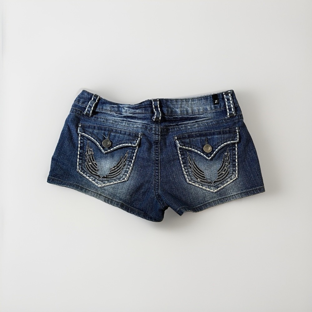 Vtg Y2K Low Rise Micro Mini Jean Shorts Sz11 Denim Embroidered Flap Pockets Z2
